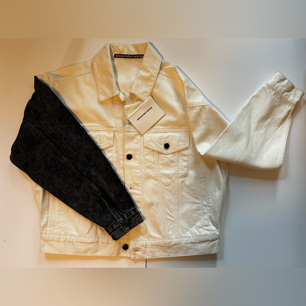 Color Block White and Black oversize Denim Jacket with stone wash detail.